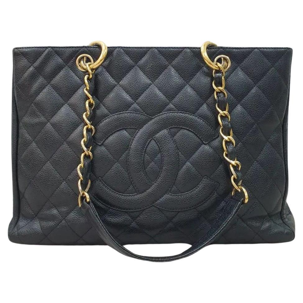 Chanel Shopping GST Schwarze gesteppte Einkaufstasche aus genarbtem Leder