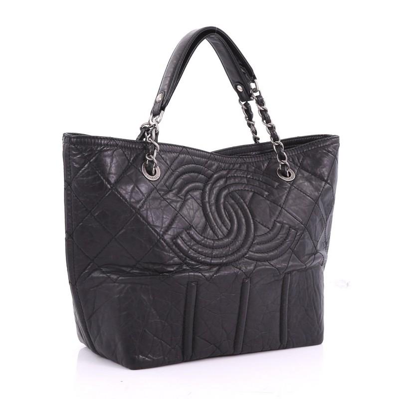 Black Chanel Shopping In Moscow Tote Quilted Distressed Leather Small