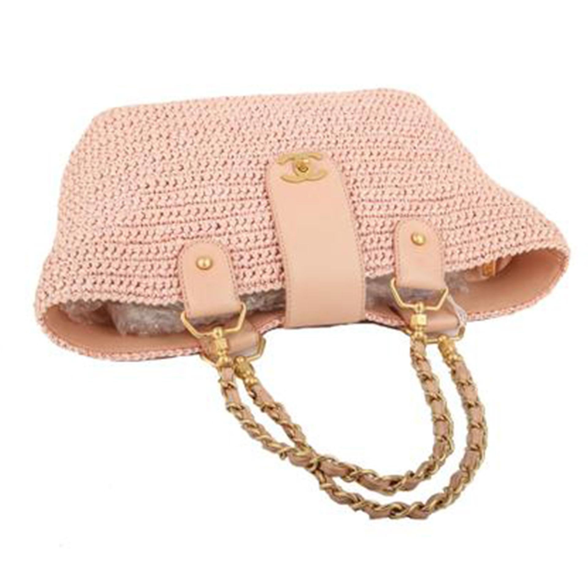 Beige Chanel 2005 Rare Vintage Raffia Woven Pink Straw and Leather Basket Tote For Sale