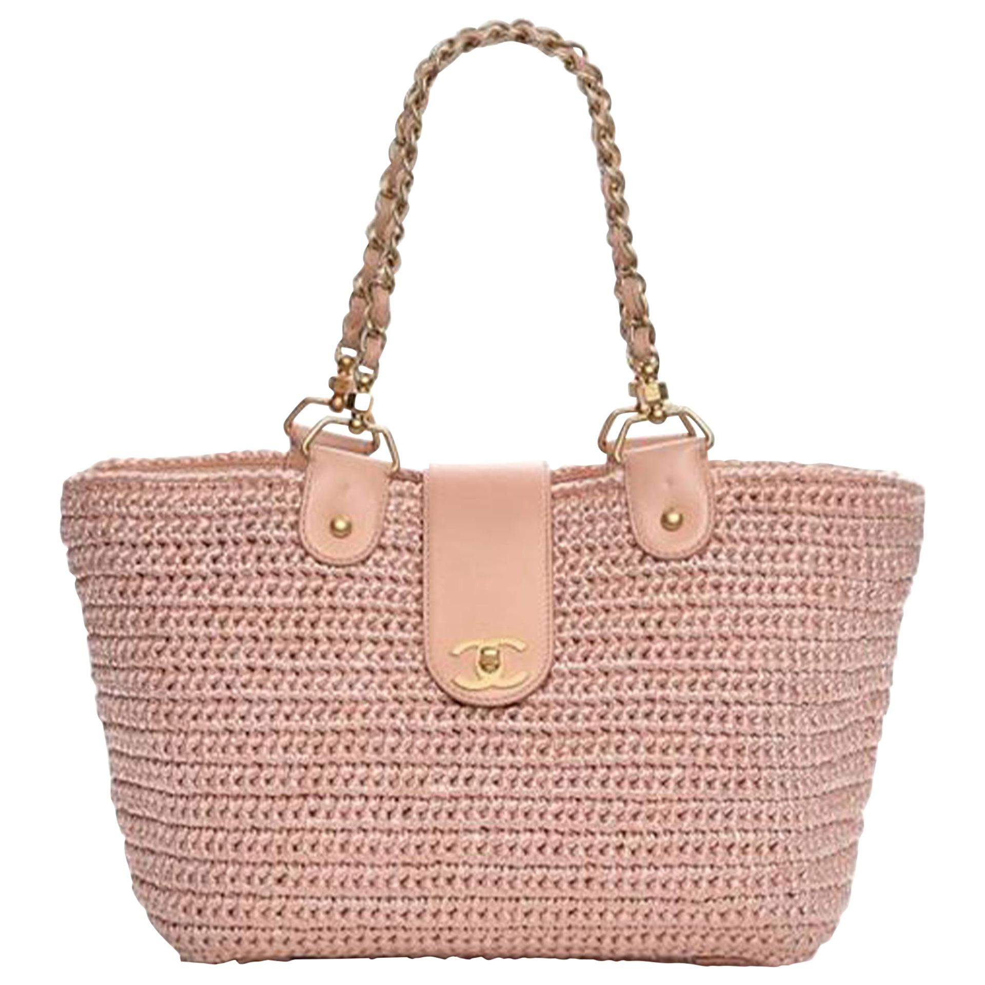 Chanel Einkaufstasche aus Stroh und Leder in Rosa aus organischem Raffia