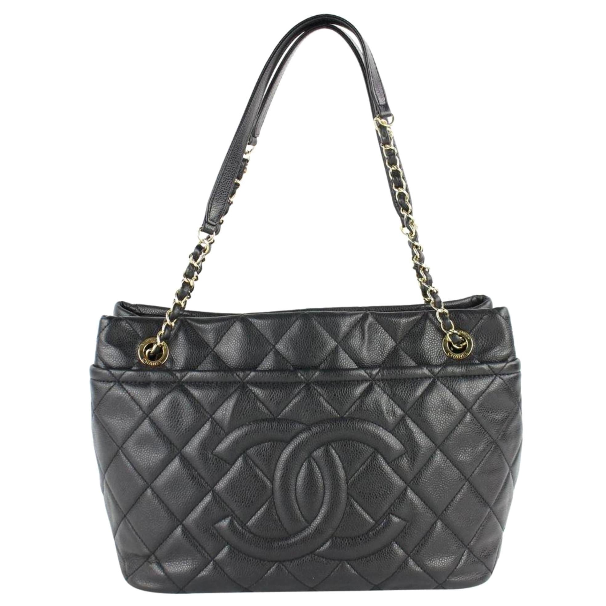 Chanel Shopping Quilted Caviar  Tote 13cz0130 Black Leather Shoulder Bag For Sale