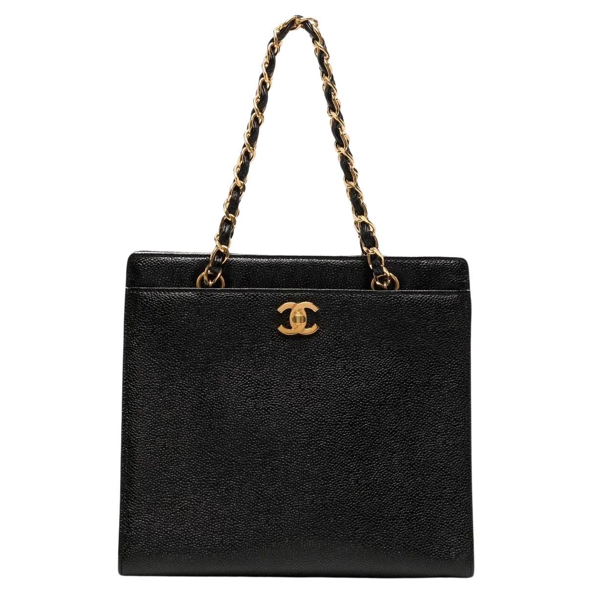 Chanel 1999 Shopping Shoulder Vintage Small Classic Black Caviar Tote Bag  For Sale