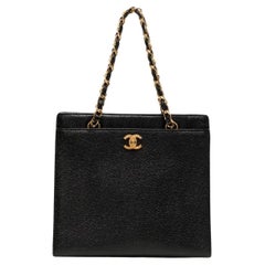 Chanel 1999 Shopping Shoulder Retro Small Classic Black Caviar Tote Bag 