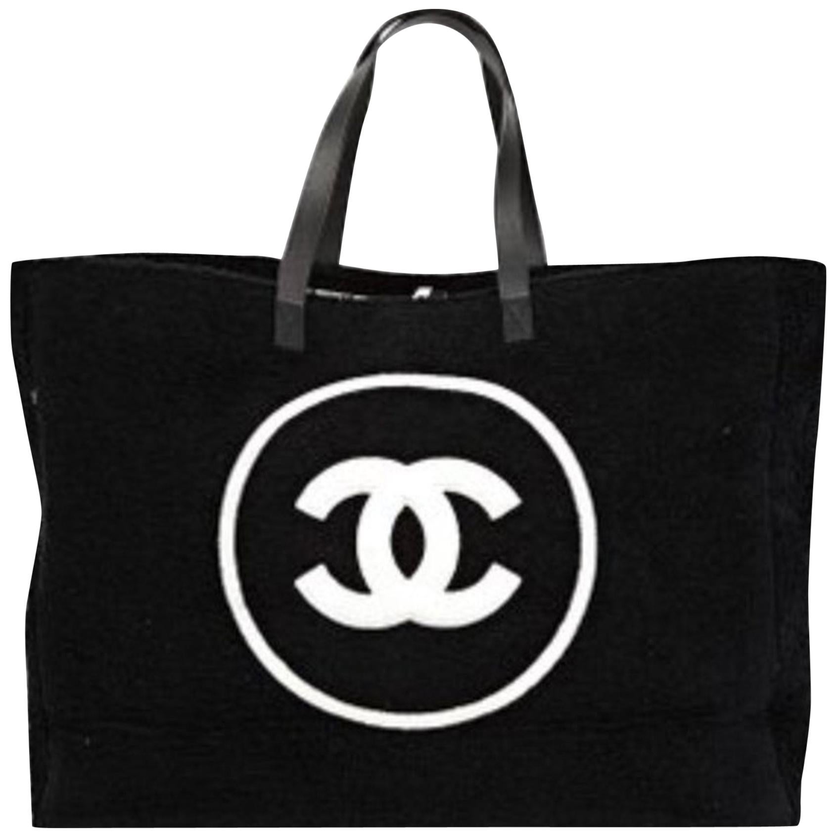 Chanel Shopping Top Handle Tote Baumwolle Strand Schwarz und Weiß Terry Stofftasche
