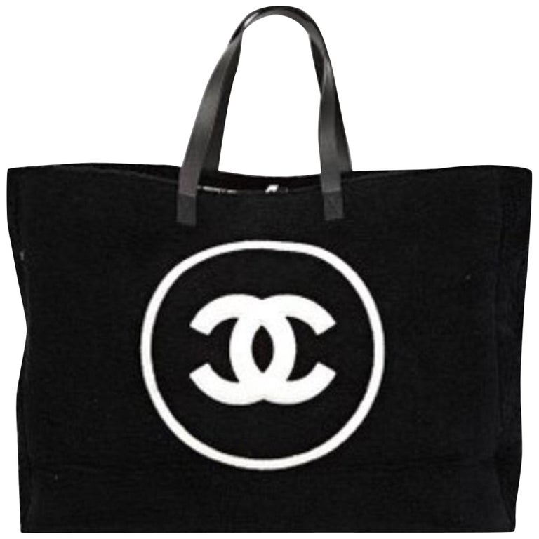 Chanel Shopping Top Handle Tote Cotton Beach Black and White Terry