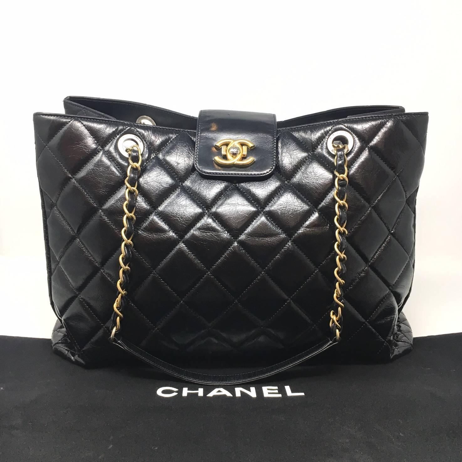 Women's Chanel Shopping Tote Bag , Aged Calfskin Black Leather , 2016