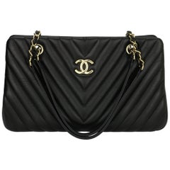 CHANEL Shopping Tote Black Lambskin Chevron with Light Gold Hardware 2014