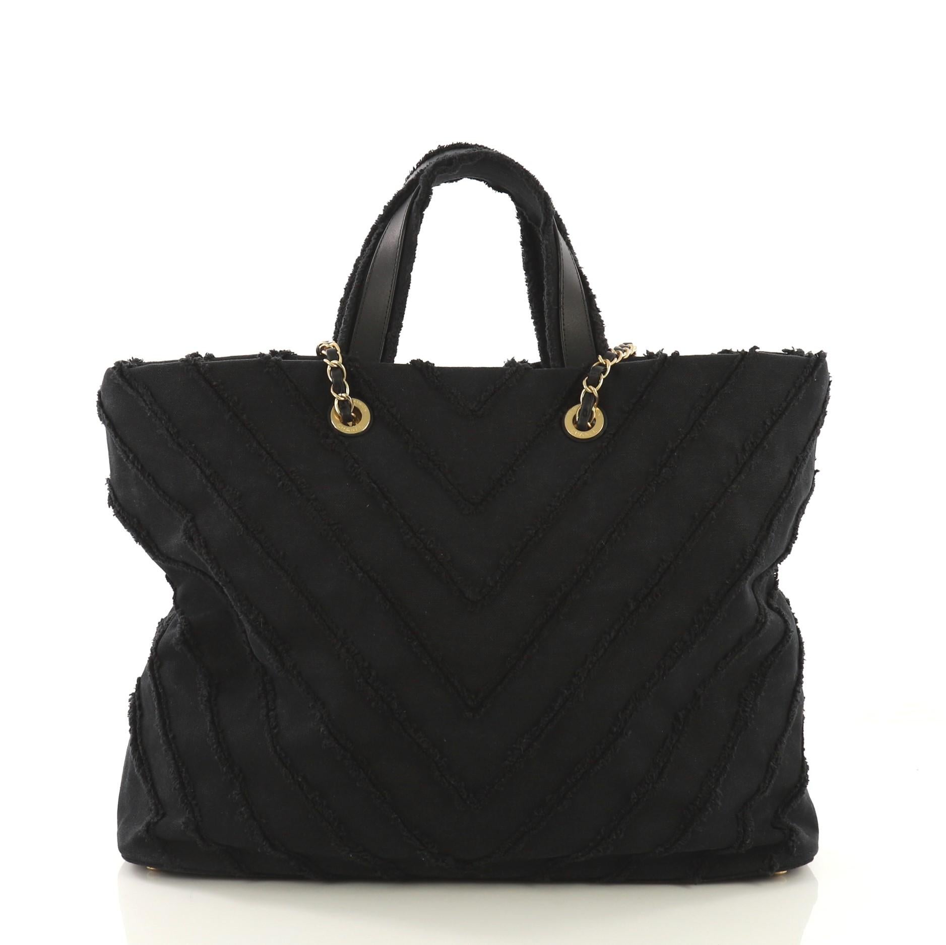 Black Chanel Shopping Tote Chevron Canvas Patchwork Large