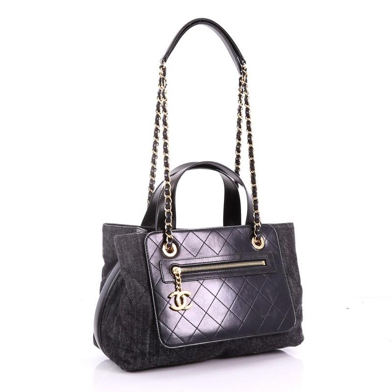 Black Chanel Shopping Tote Denim with Quilted Aged Calfskin Medium