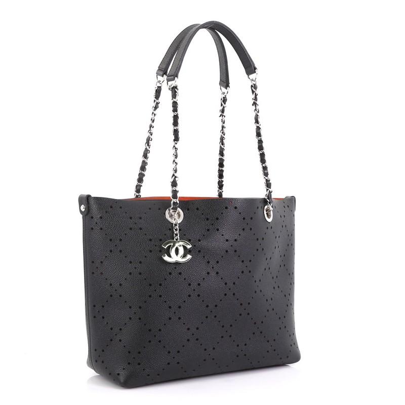 Black Chanel Shopping Tote Perforated Caviar Small