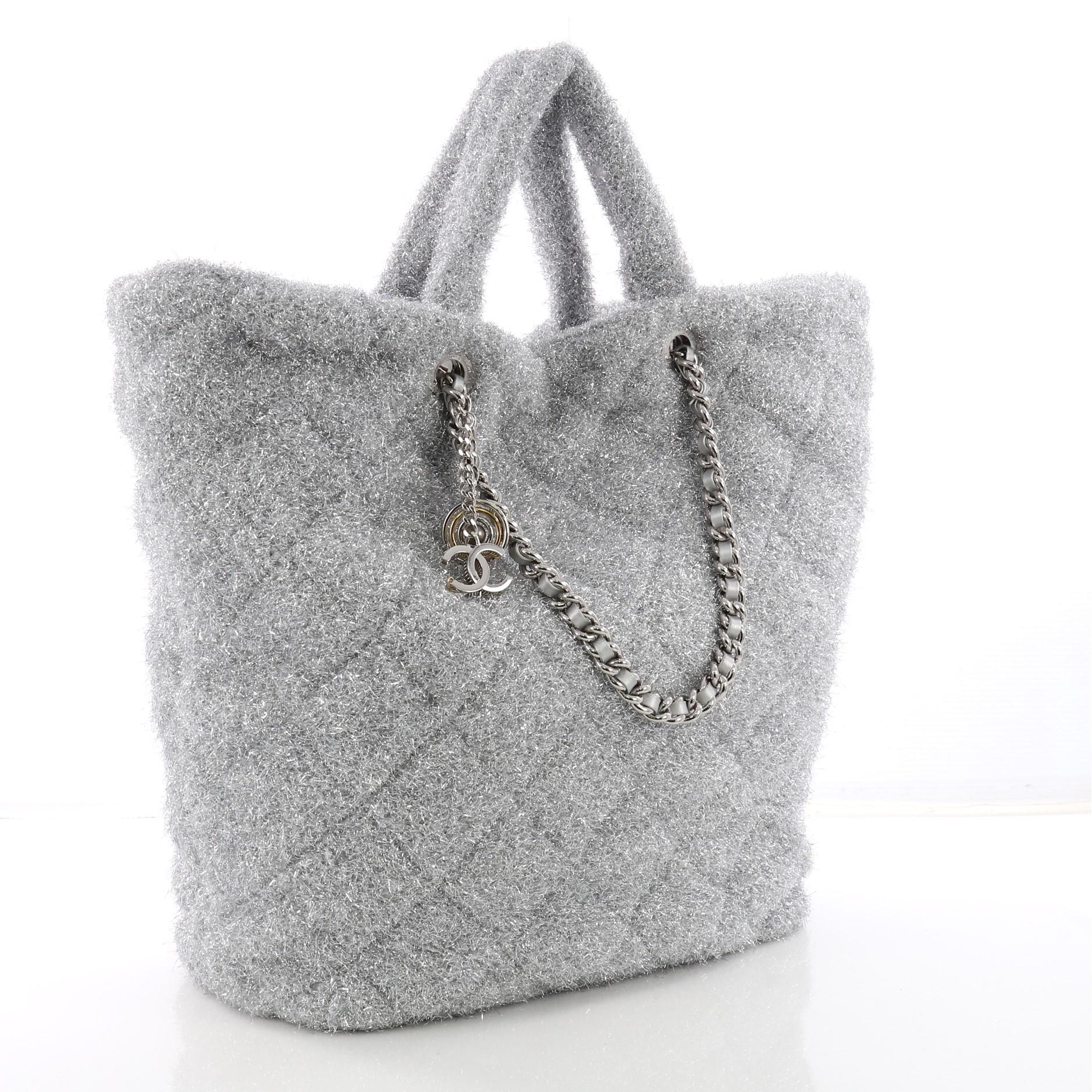 Gray Chanel Shopping Tote Quilted Knit Pluto Glitter Large