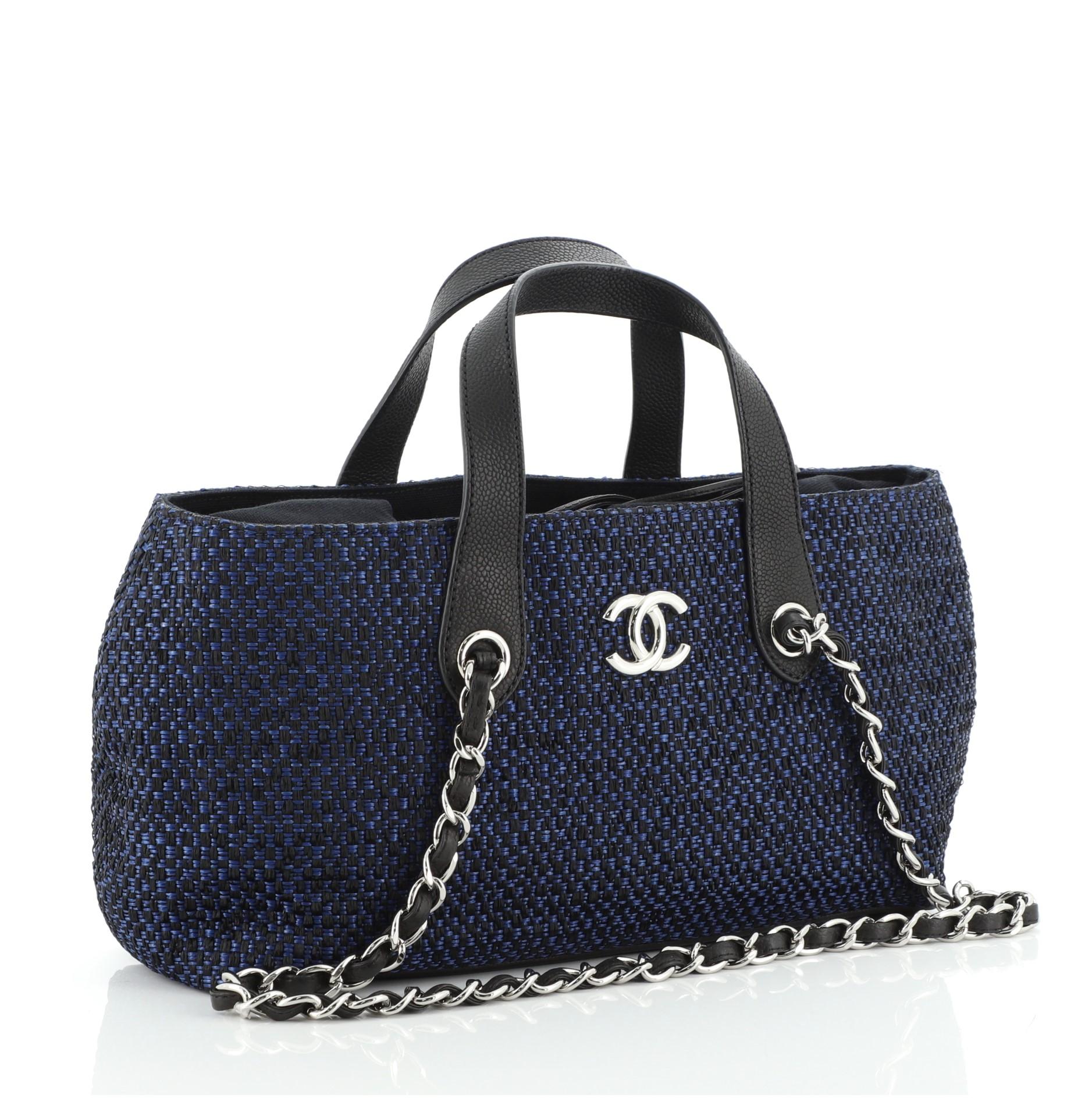 Black Chanel Shopping Tote Woven Straw Small