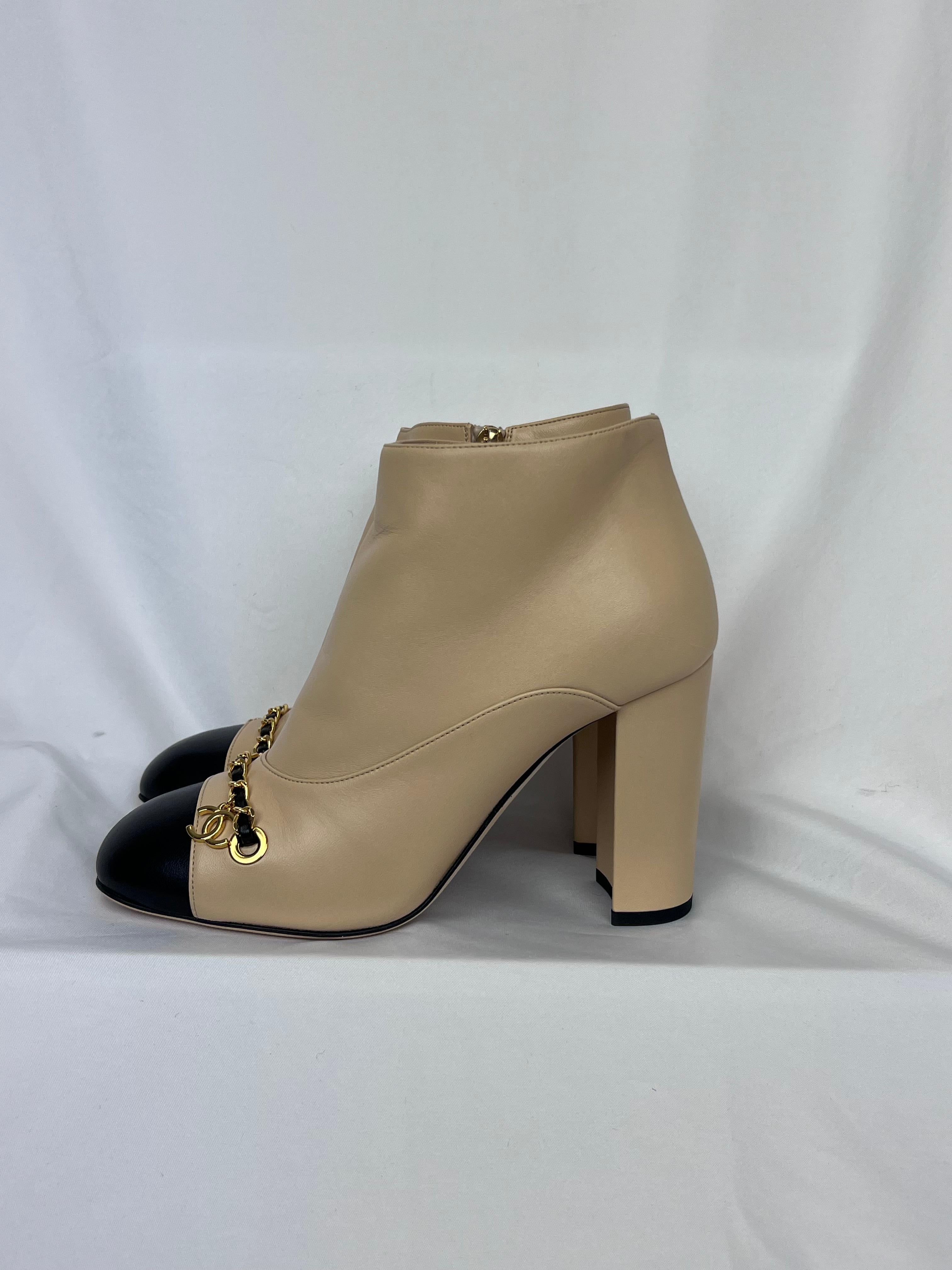Women's Chanel Short Boots Beige/Black Size 36.5 For Sale