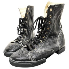 CHANEL SHORT BOOTS, black, glossy coated fabrikc,  size 42, Made in France