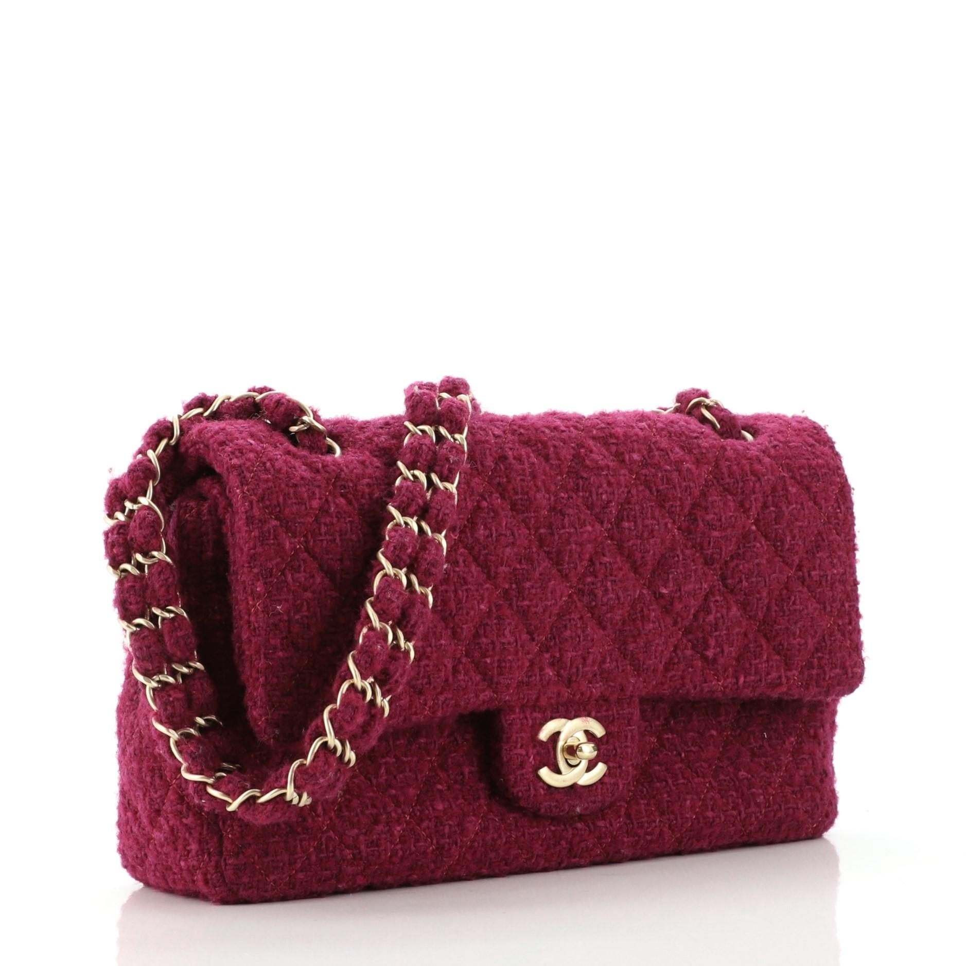 Red Chanel Short Chain Double Flap Bag Quilted Tweed Medium