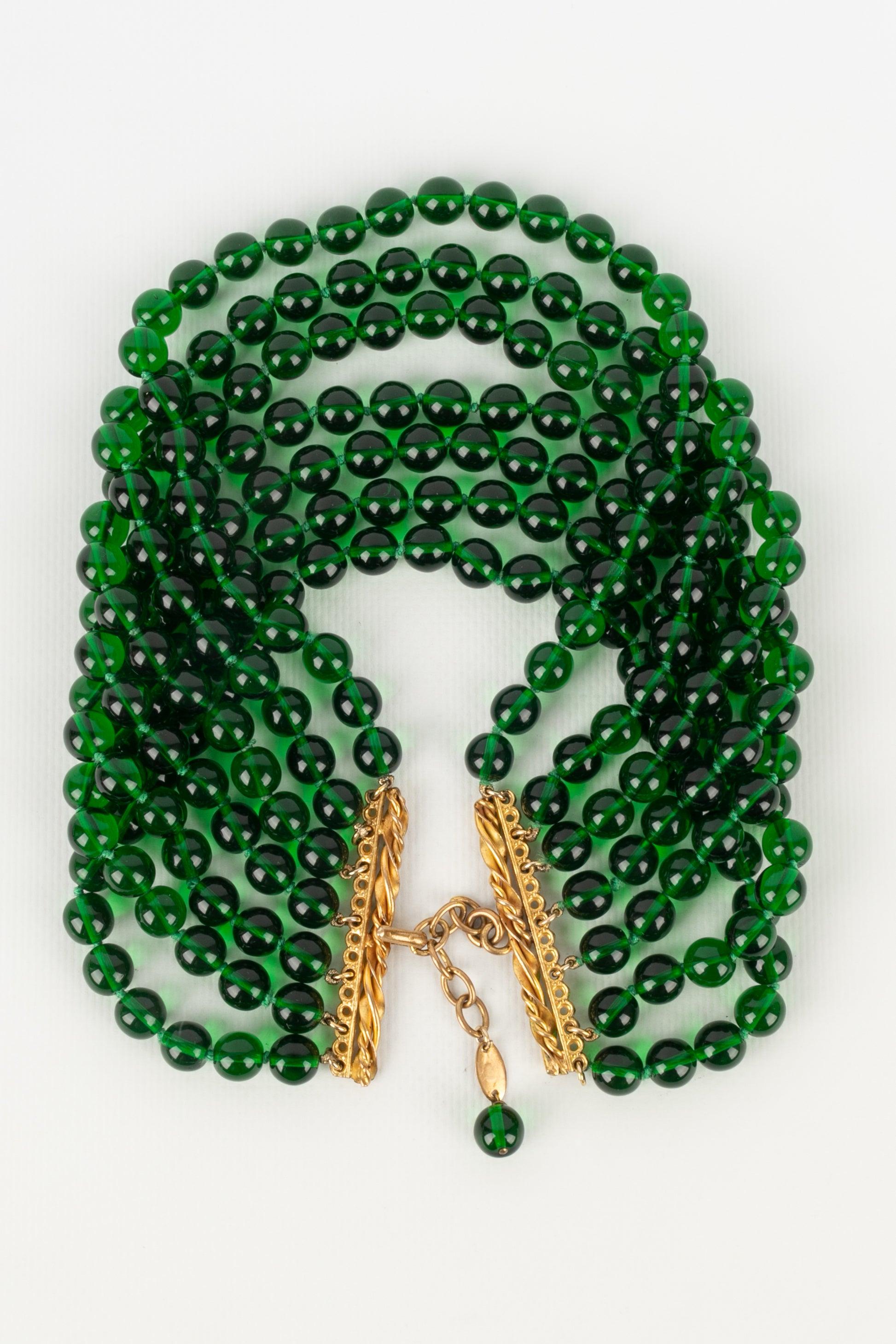 Chanel Short Necklace Made Up of Several Rows of Green Glass Beads, 1980s For Sale 2
