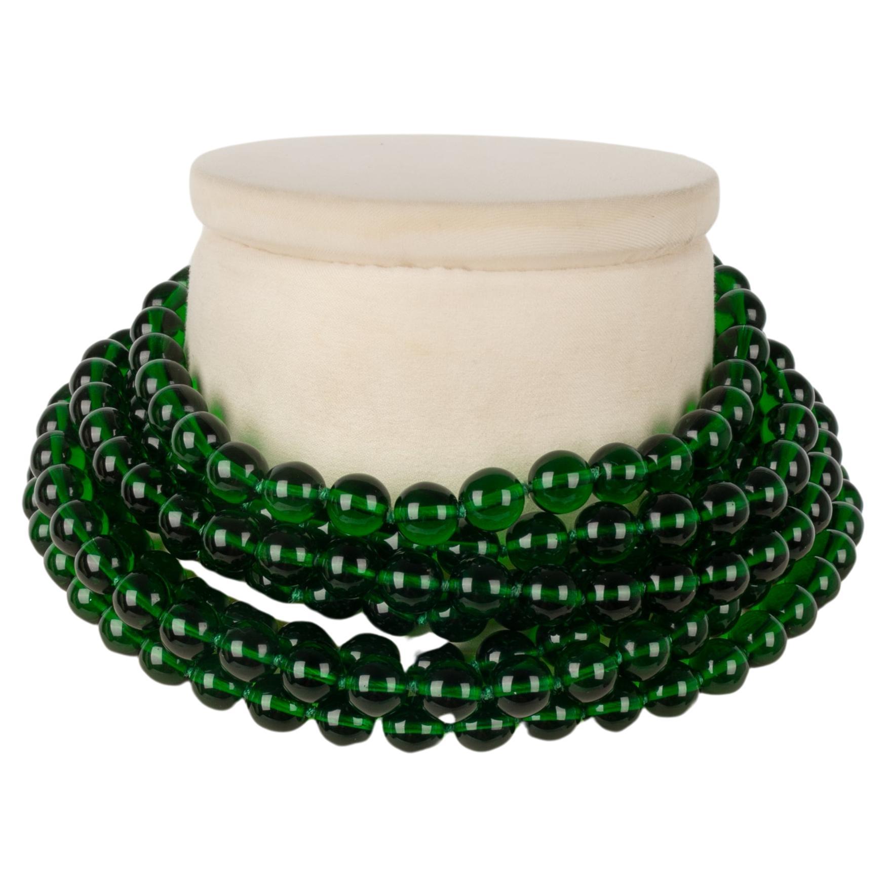 Chanel Short Necklace Made Up of Several Rows of Green Glass Beads, 1980s For Sale