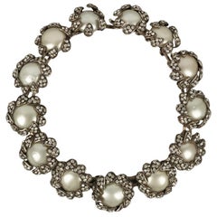 Chanel Short Silver Metal Necklace in Rhinestones and Pearly Cabochons