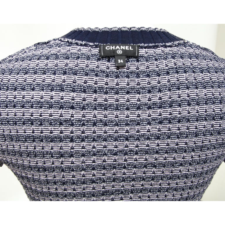 CHANEL Short Sleeve Sweater Top Knit Striped Blue Navy CC Logo Sz