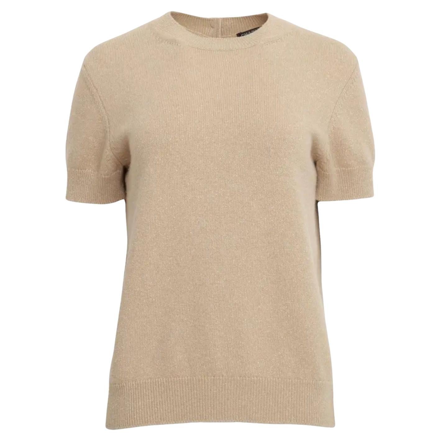 Chanel Short Sleeve Sweater w/ Back Button Closure in Beige Gold Knit Cashmere