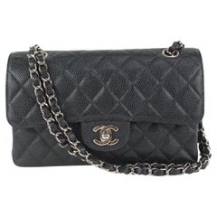 Vintage Chanel SHW Black x Silver Caviar Leather Small Classic Double Flap 914ca56