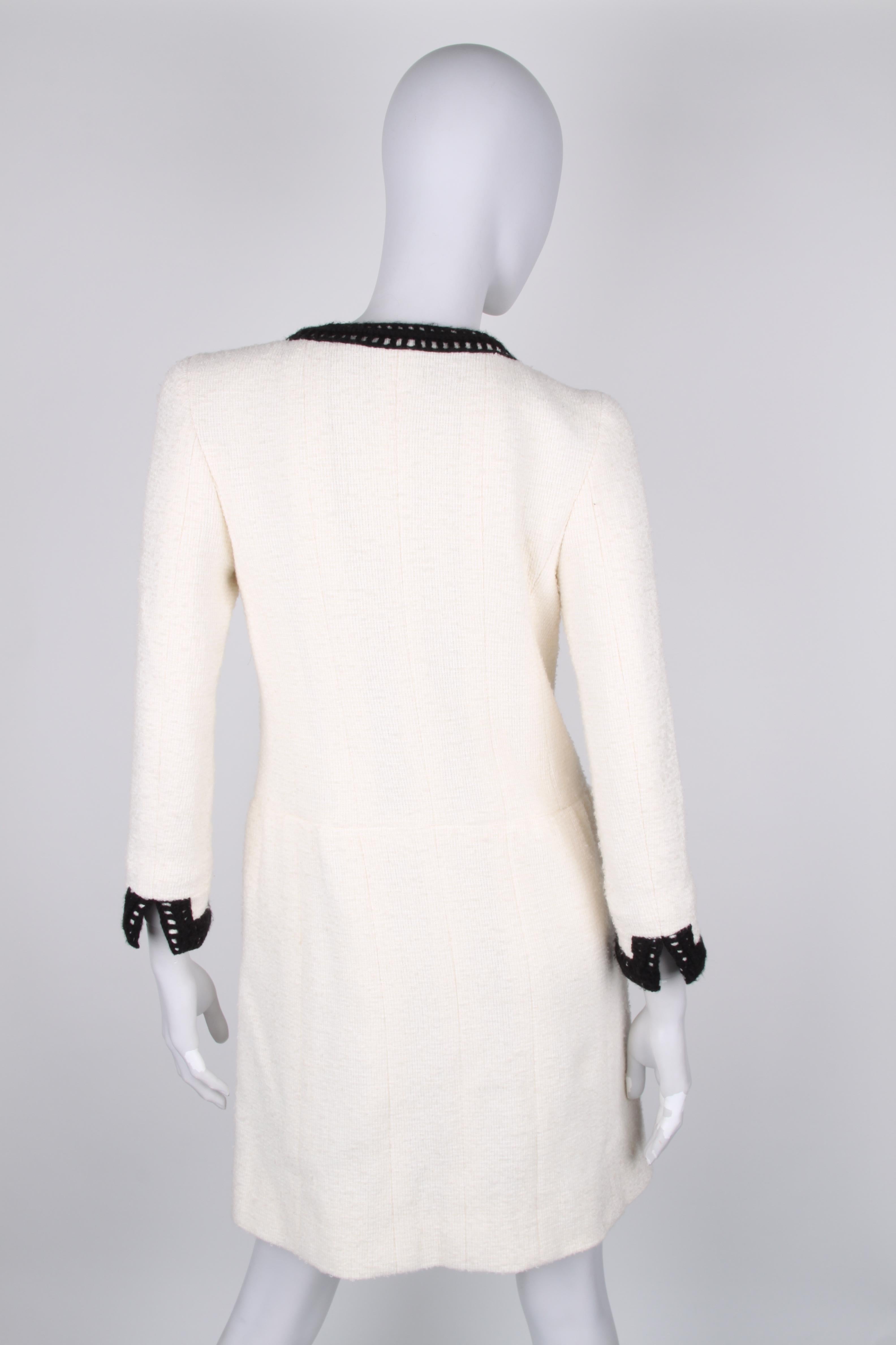 Beige Chanel Signature Bouclé Tweed Black and White Trim Long Coat For Sale