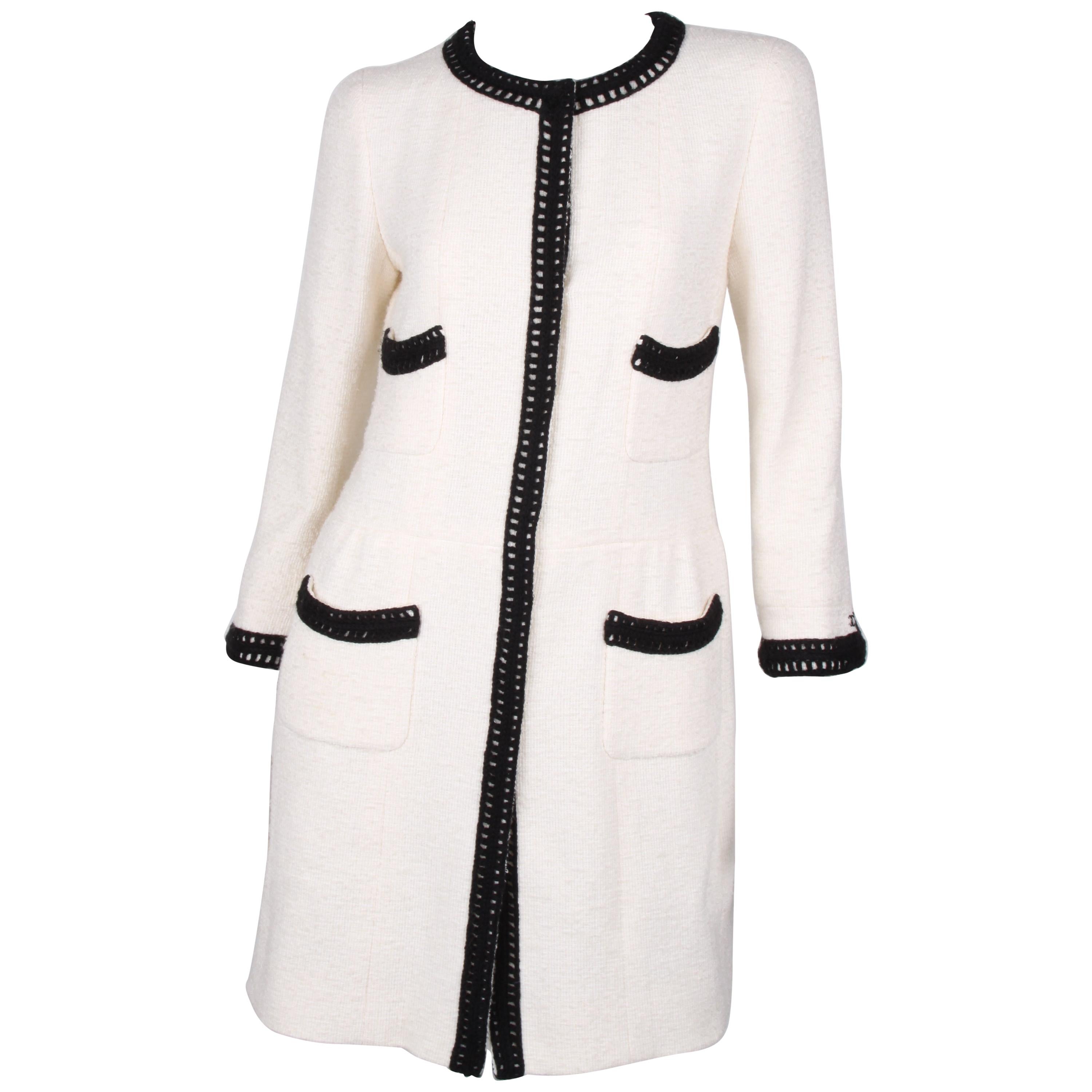 Chanel Signature Bouclé Tweed Black and White Trim Long Coat For Sale