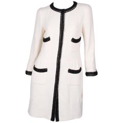 Chanel Signature Bouclé Tweed Black and White Trim Long Coat