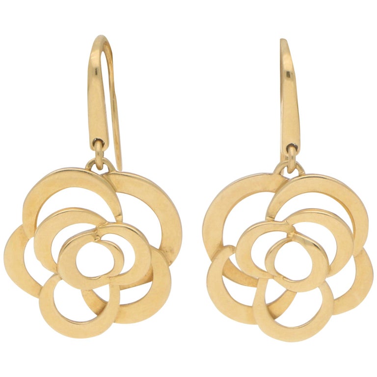 Chanel Signature Camellia Flower Drop Earrings in 18 Karat Yellow Gold at  1stDibs