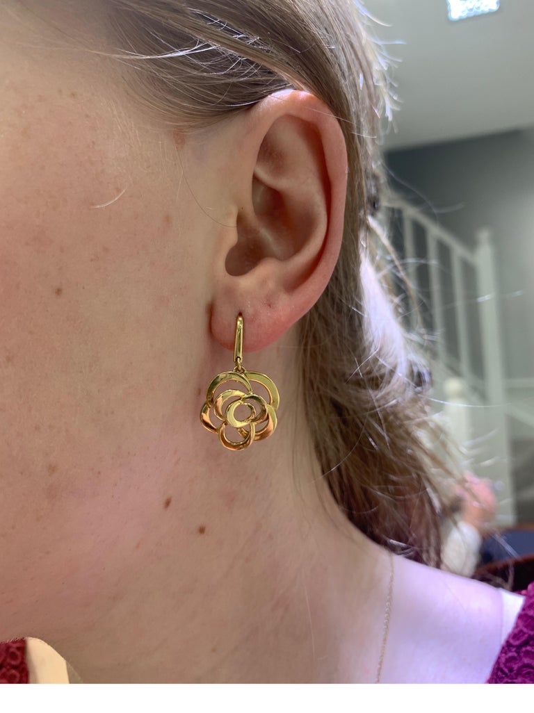 Chanel Signature Camellia Flower Drop Earrings in 18 Karat Yellow Gold