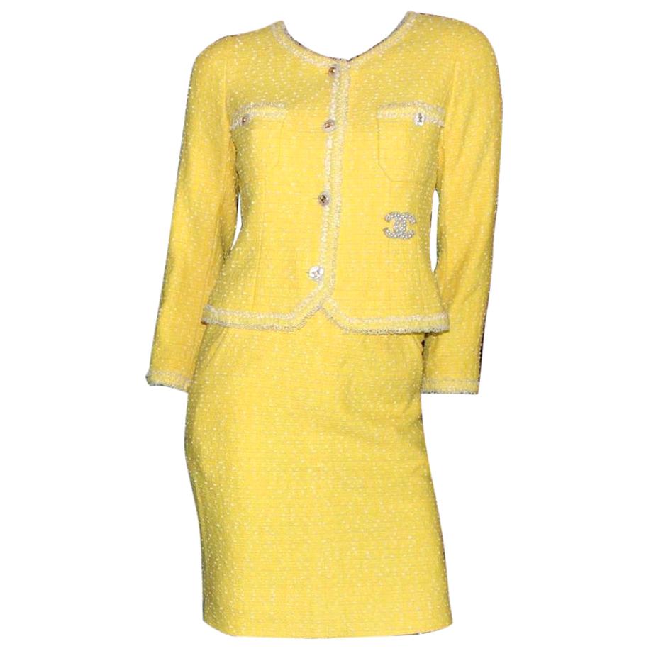 1980s Chanel Yellow Tweed Skirt Suit