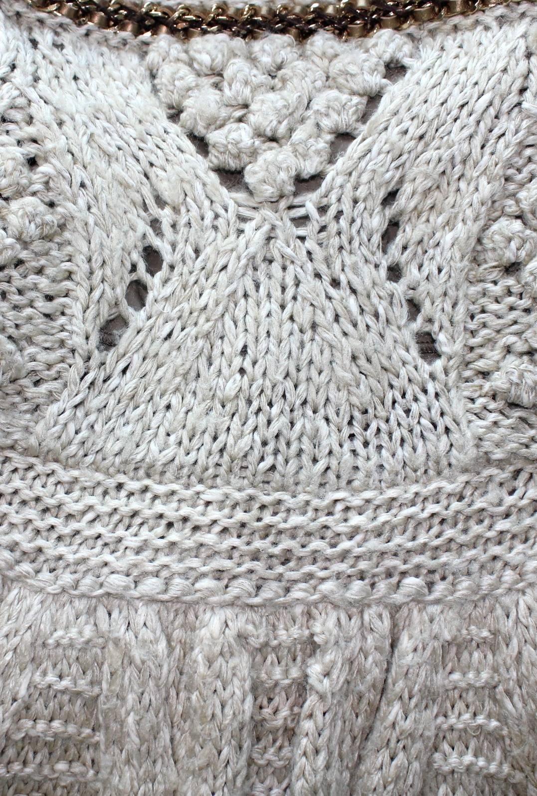 Beige CHANEL Signature Melange Crochet Knit Dress Chain Braids Leather Details 36
