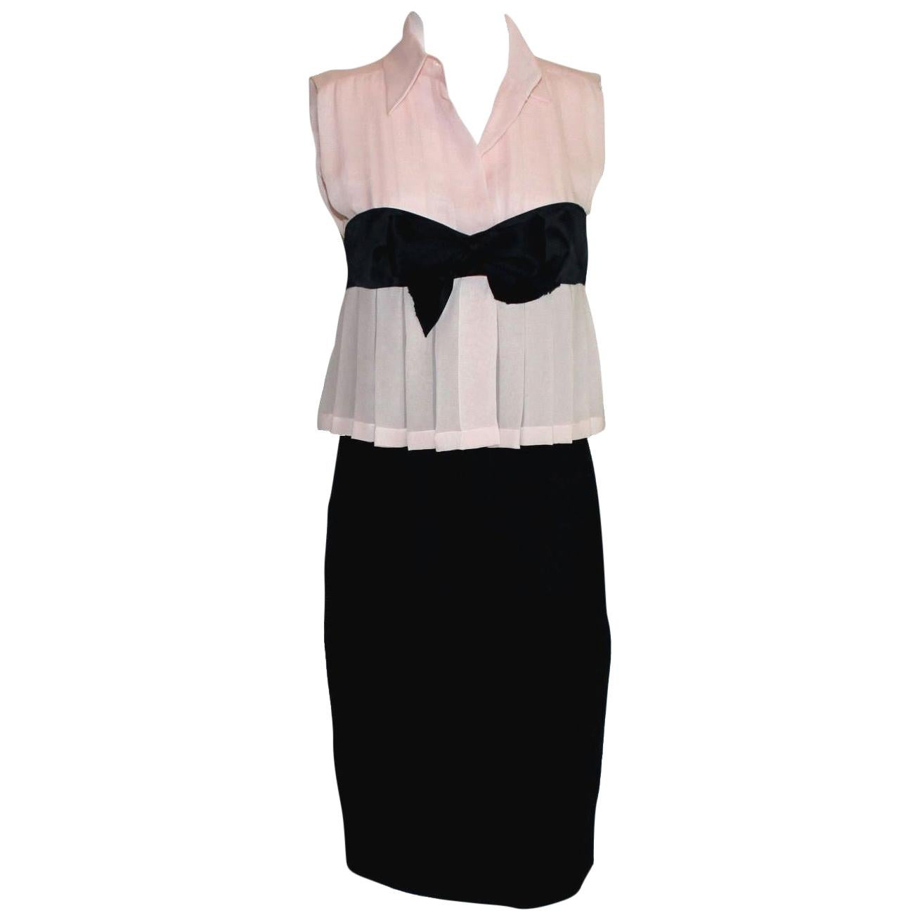 Chanel Signature Soft Pink & Black Pleated Signature Bow Silk and Boucle Dress 
