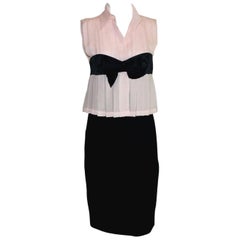 Chanel Signature Soft Pink & Black Pleated Signature Bow Silk and Boucle Dress 