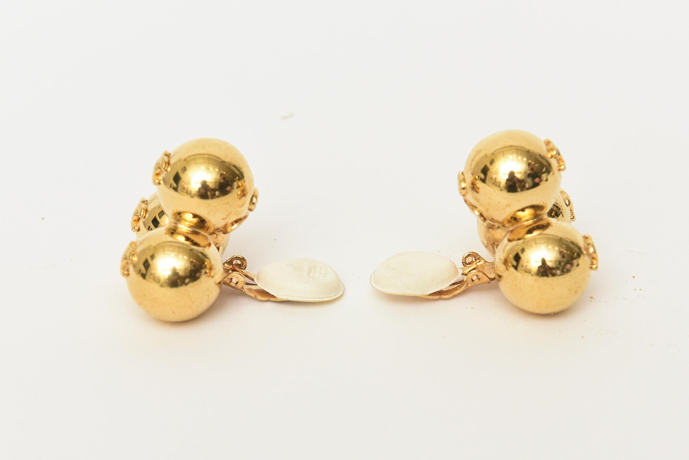 Modern Chanel Signed 3 Logo CC Cluster Ball Sphere Clip on Gold Plated Earrings 90's For Sale