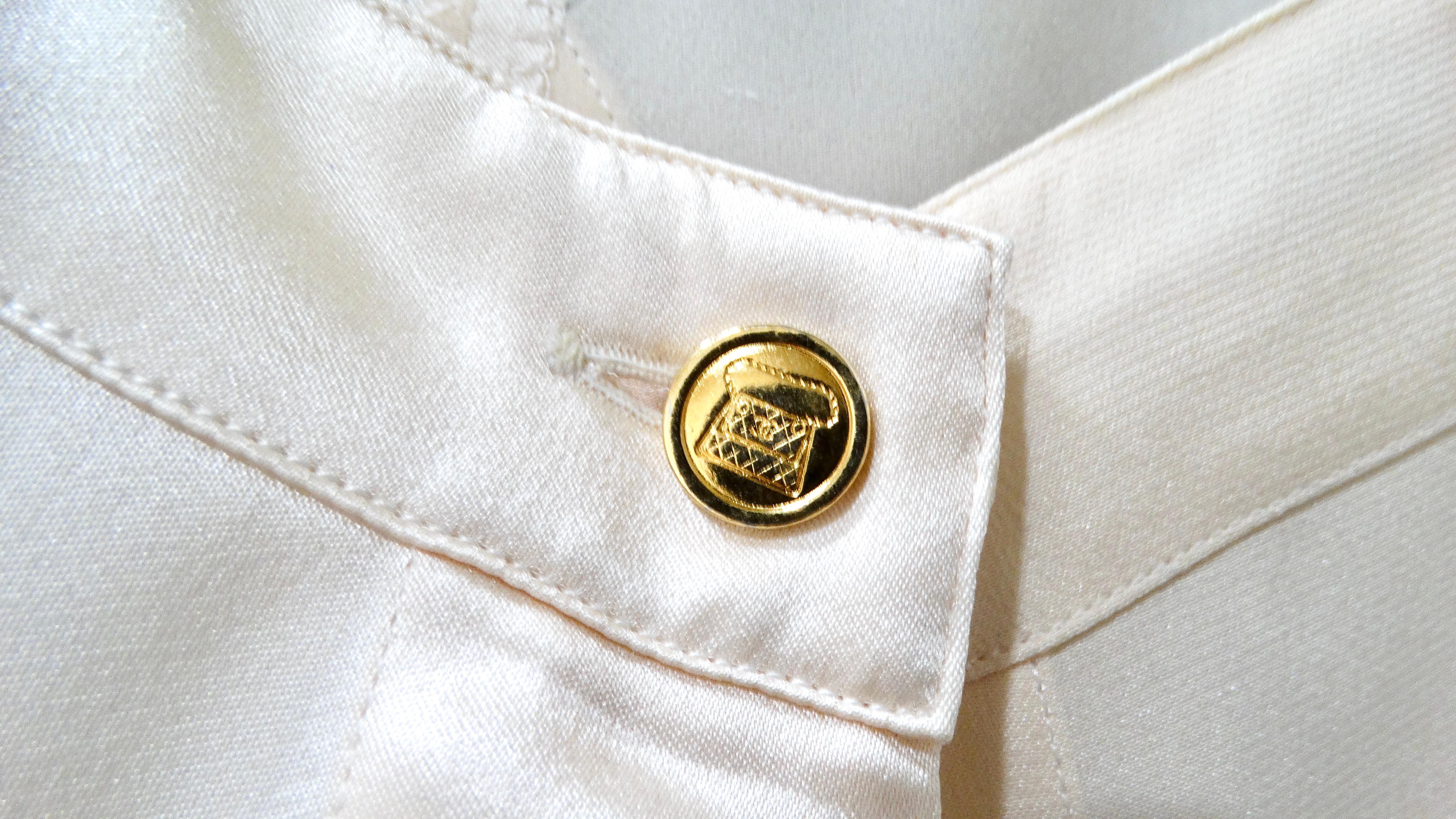 Chanel - Chemisier boutonné en soie rose layette à motifs géométriques circa 1980 en vente 6
