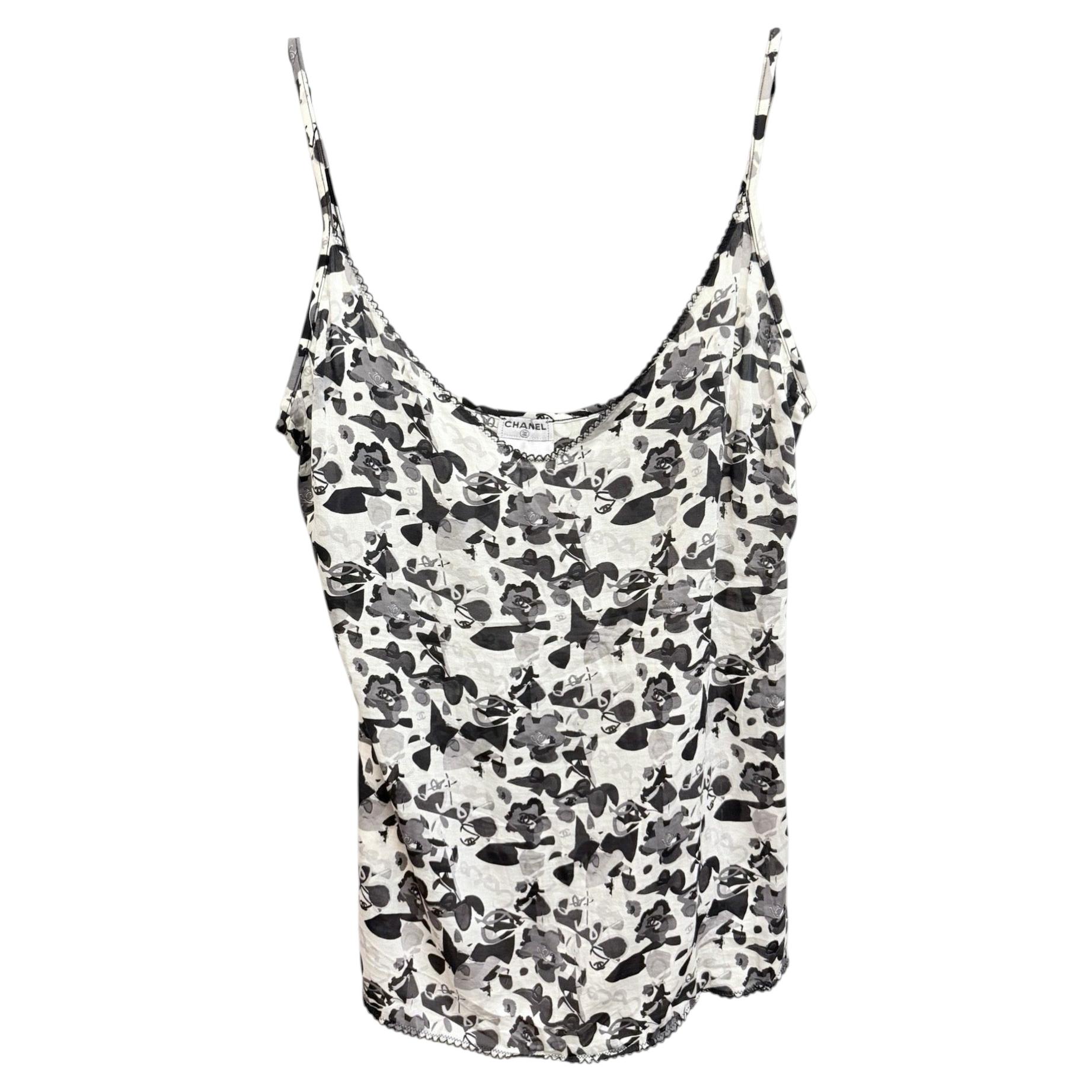 Chanel silk black and white abstract prints spaghetti tank top For Sale