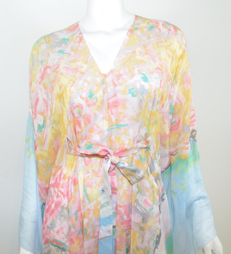 Beige Chanel Silk Blend Watercolor Caftan Maxi Dress For Sale