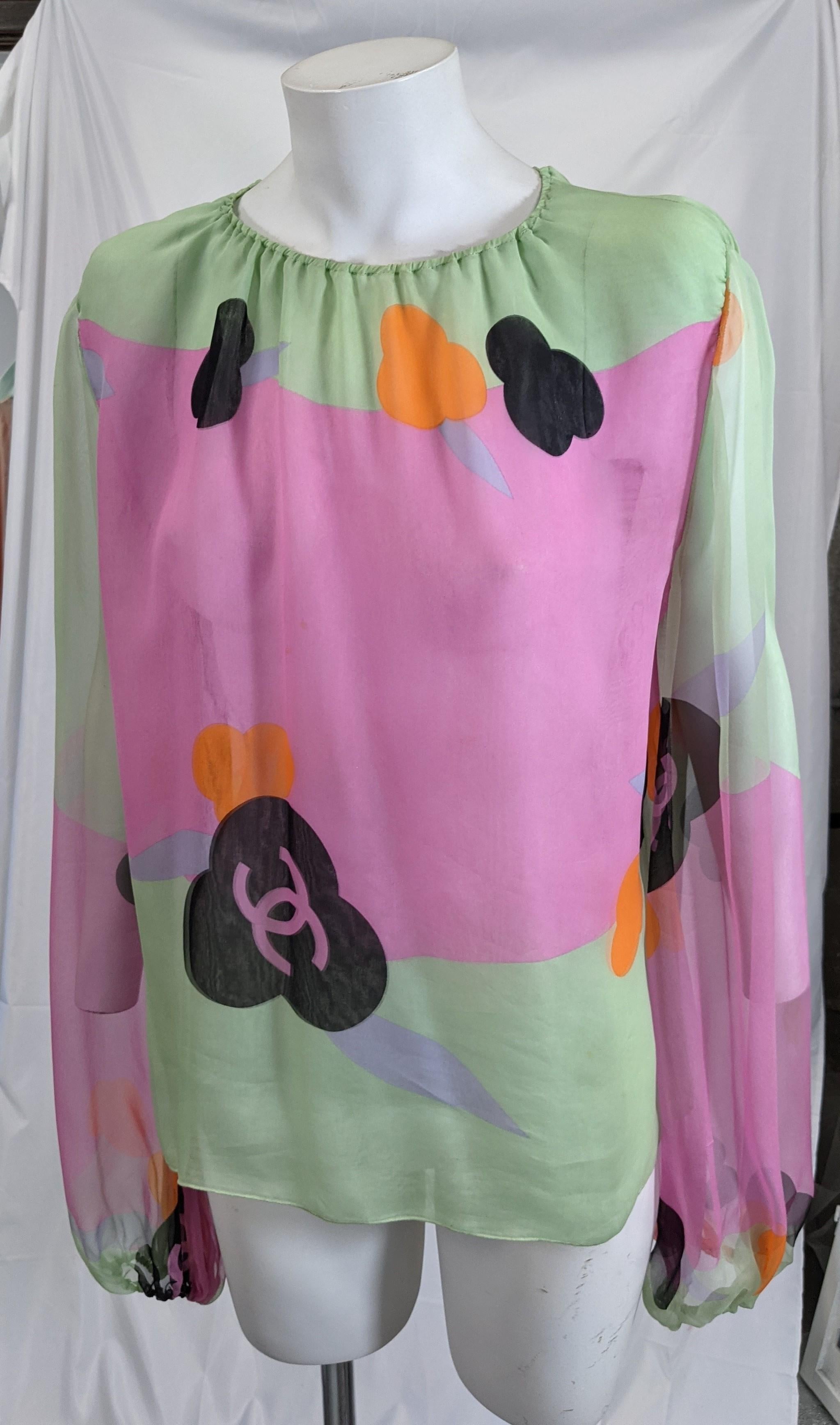 Gray Chanel Silk Chiffon Logo Blouse