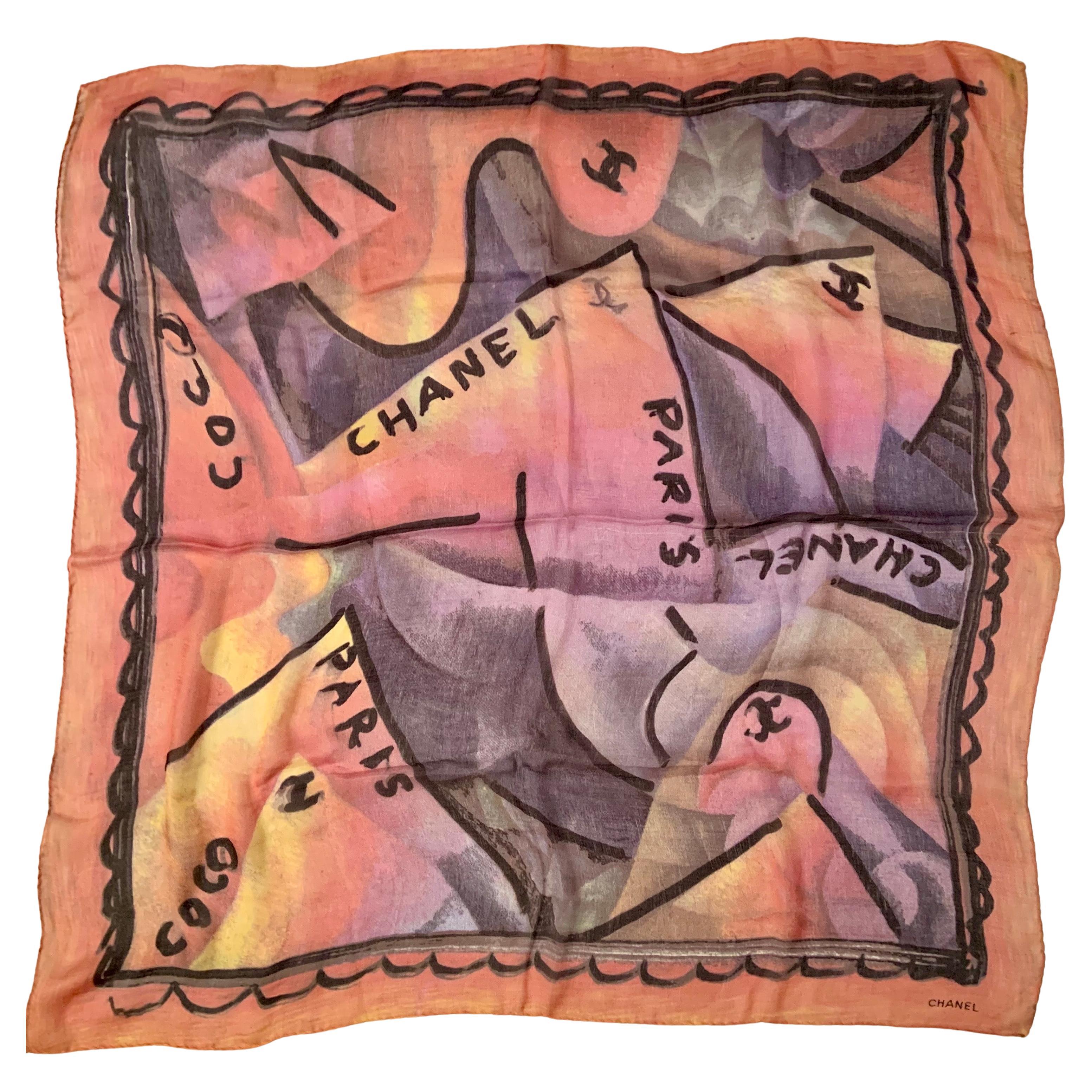Chanel Silk Chiffon Scarf with Ombre Pastels and Black Logos