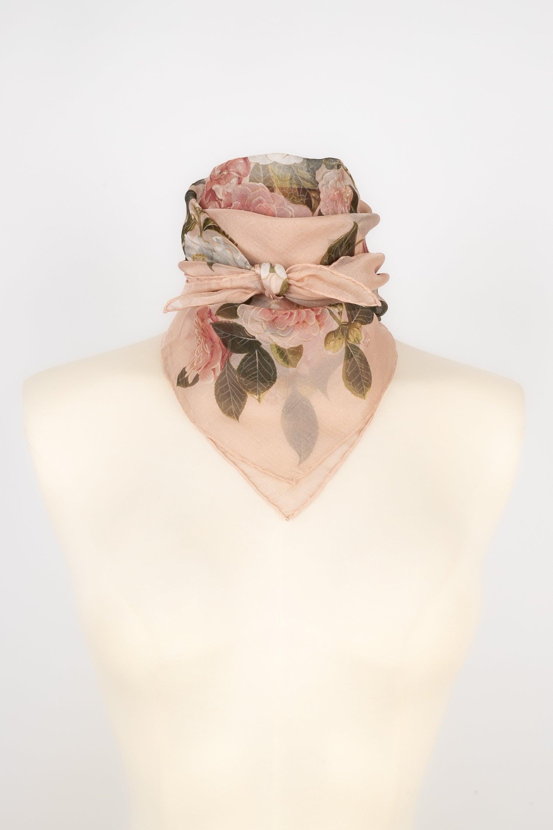 Beige Chanel Silk Foulard Printed with Flowers in Pink Tones