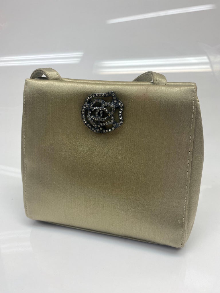 Chanel Silk Gold Rhinestone Camelia Evening Bag For Sale at 1stDibs