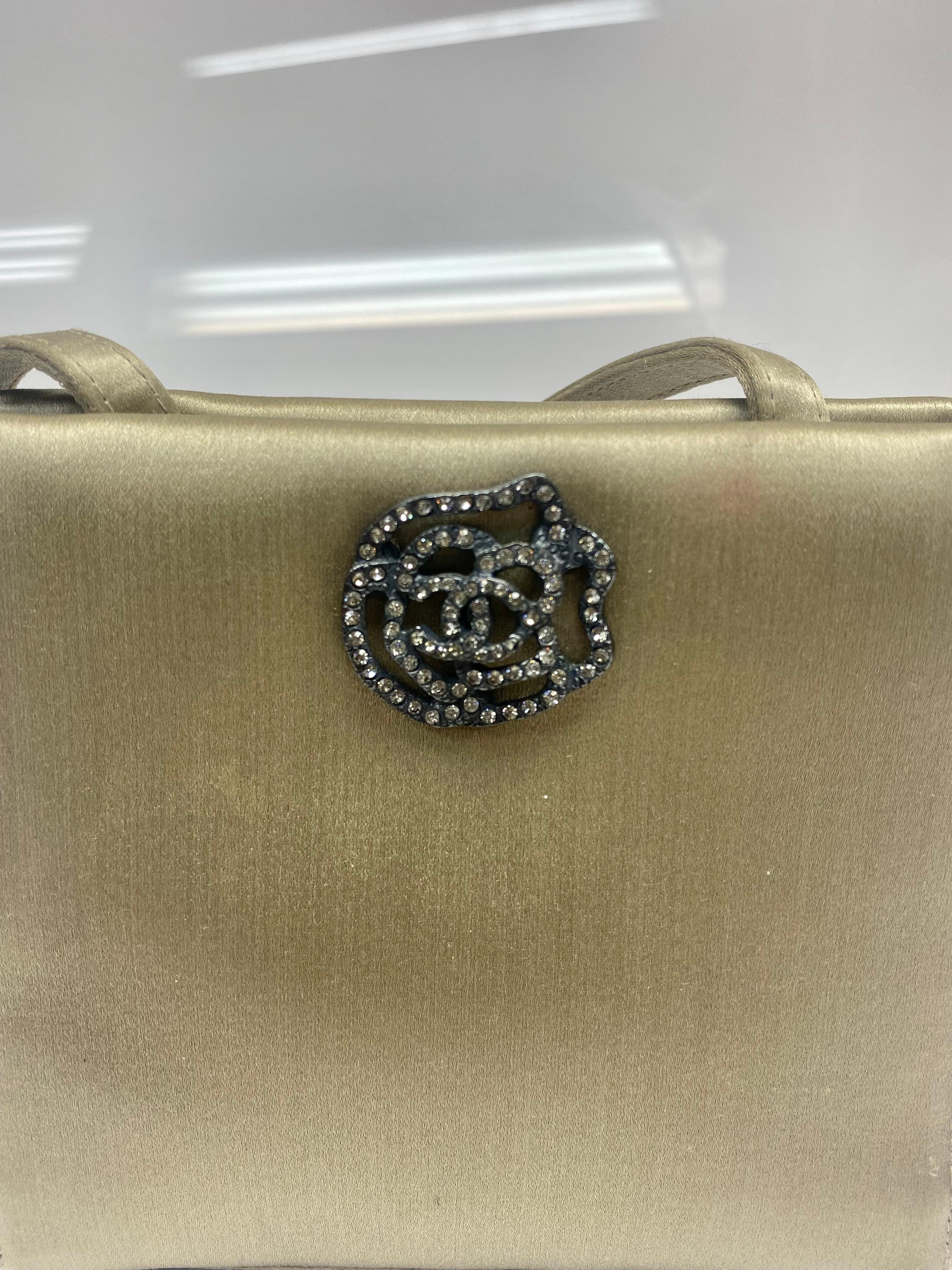 Gray Chanel Silk Gold Rhinestone Camelia Evening Bag For Sale