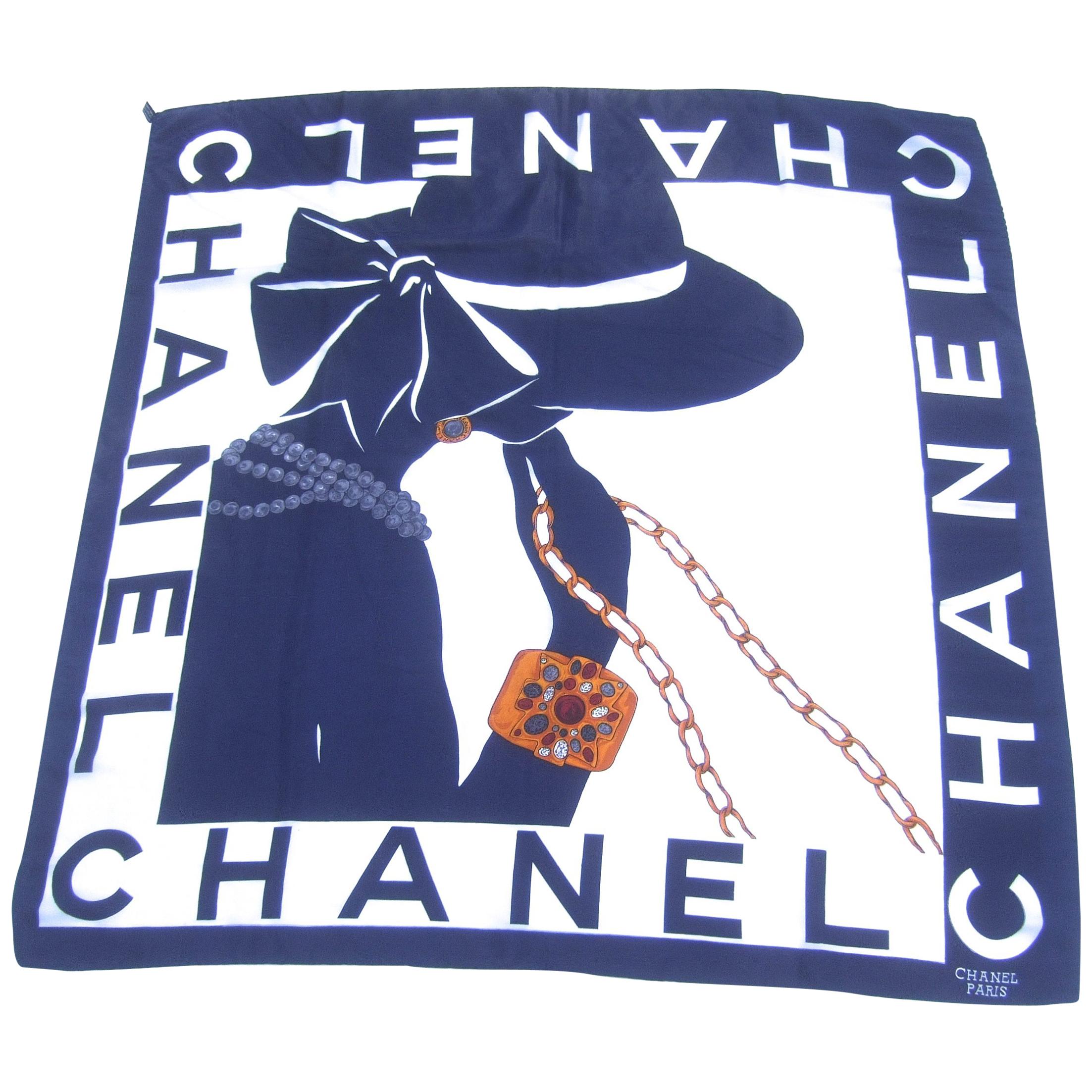 Chanel Silk Hand Rolled Graphic Print Scarf Circa 1990s
