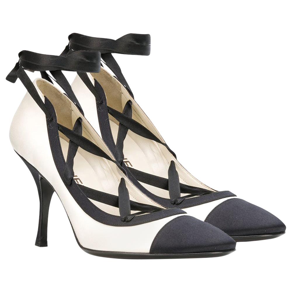 Chanel Silk & Leather Lace-up Court Pumps