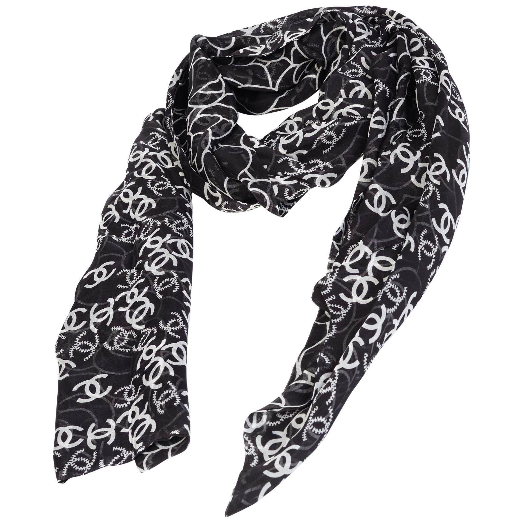 Chanel Silk Logo Black and White Stole at 1stDibs