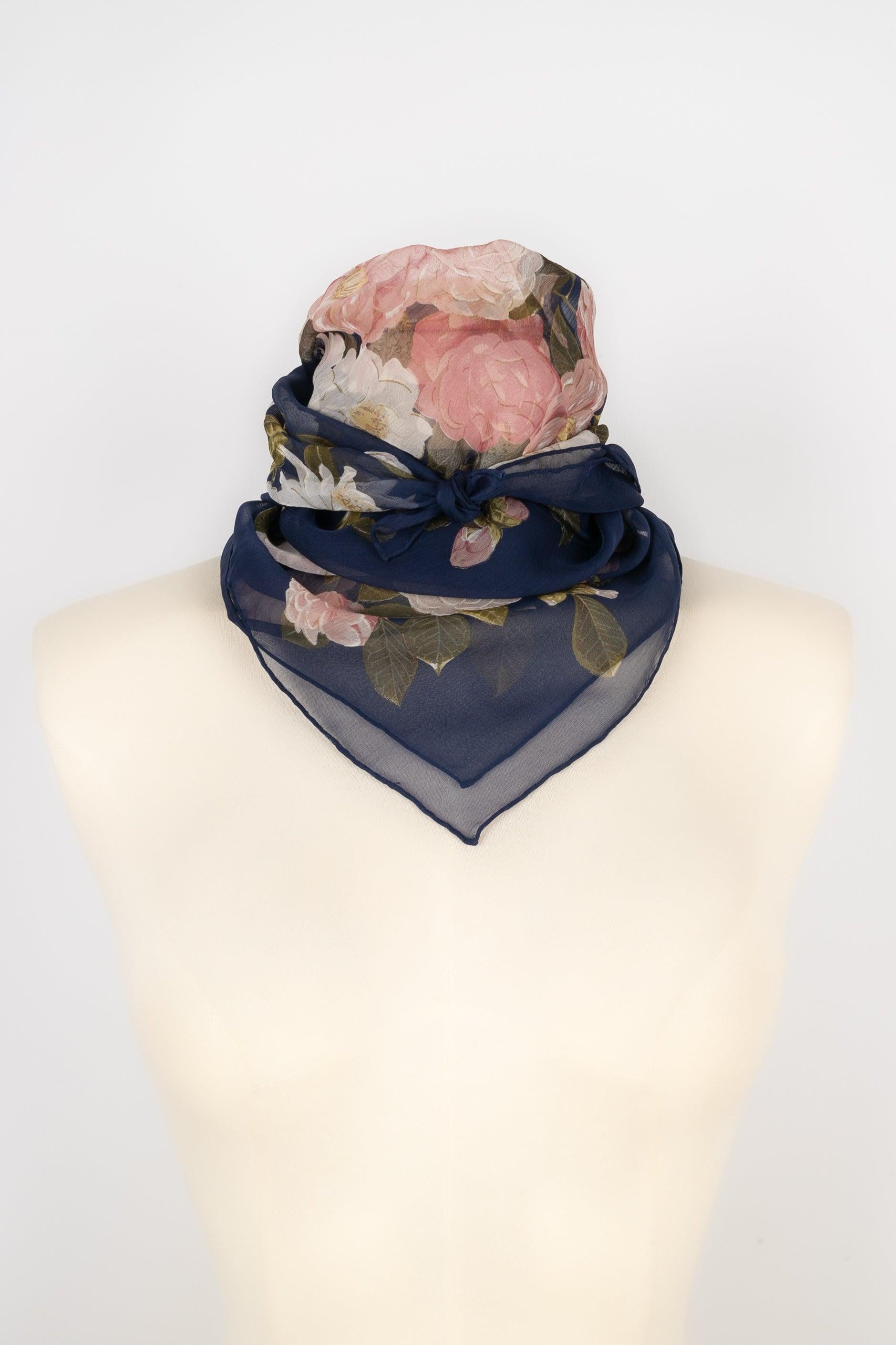 Gray Chanel Silk Muslin Foulard in Blue Tones Representing Flowers