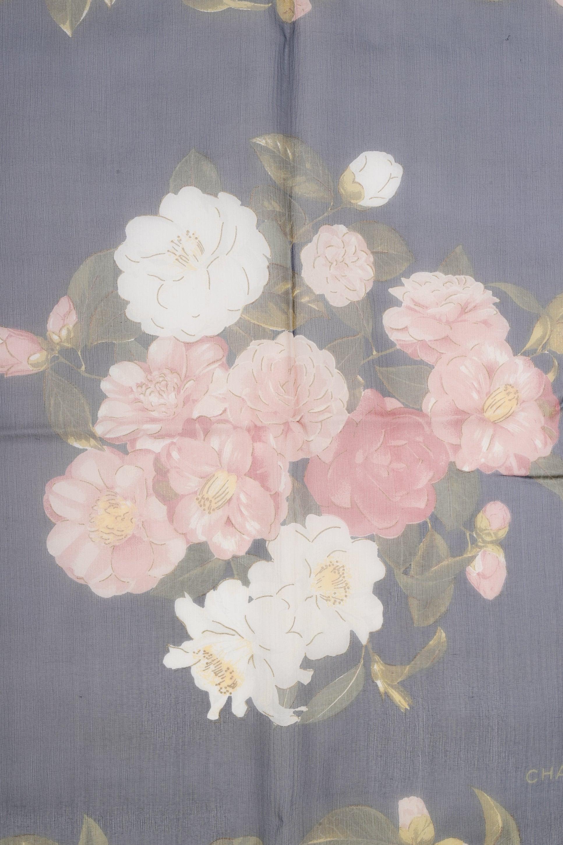 Women's Chanel Silk Muslin Foulard in Blue Tones Representing Flowers