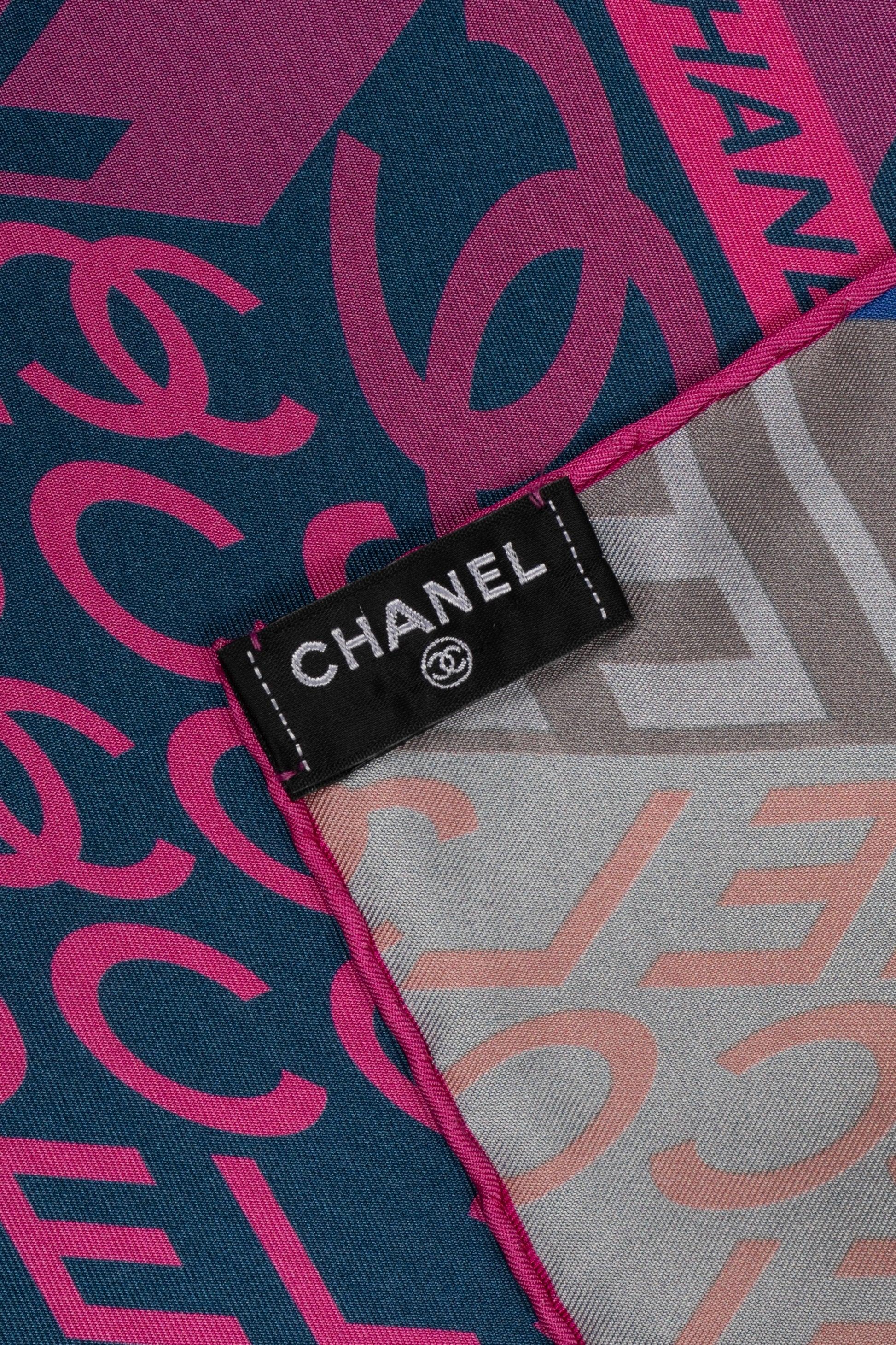Chanel Silk Reversible Foulard in Navy Blue and Pink Tones For Sale 1