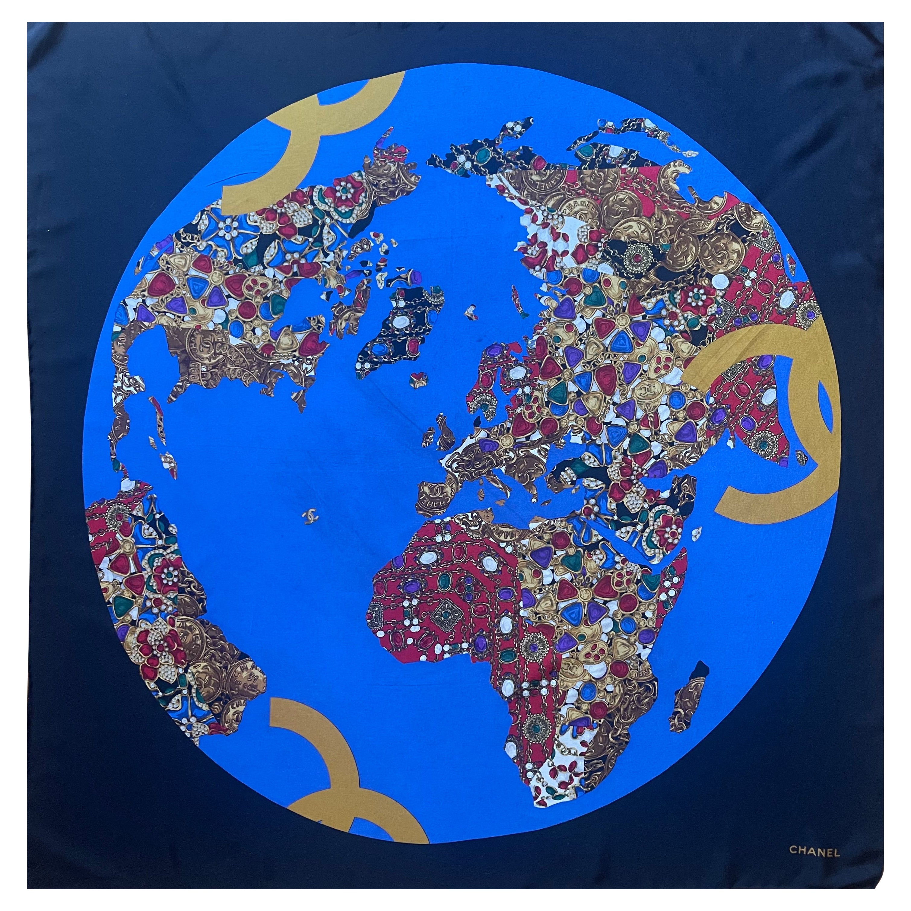 Chanel Silk Scarf Gripoix Globe For Sale